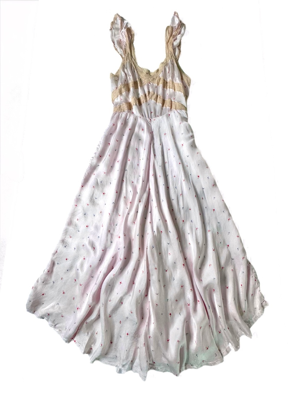 Vintage Pink Satin Floral Lace Flutter Sleeve Maxi Dress Estimated Size Large